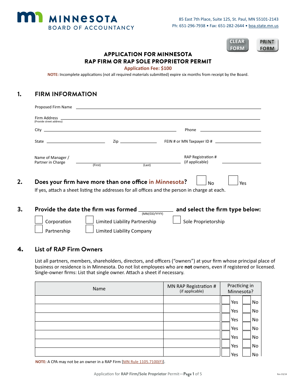 Application for Minnesota Rap Firm or Rap Sole Proprietor Permit - Minnesota, Page 2