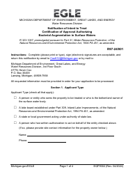 Document preview: Form EQP9302 Notification of Intent to Treat Certification of Approval Authorizing Bacterial Augmentation in Surface Waters - Michigan