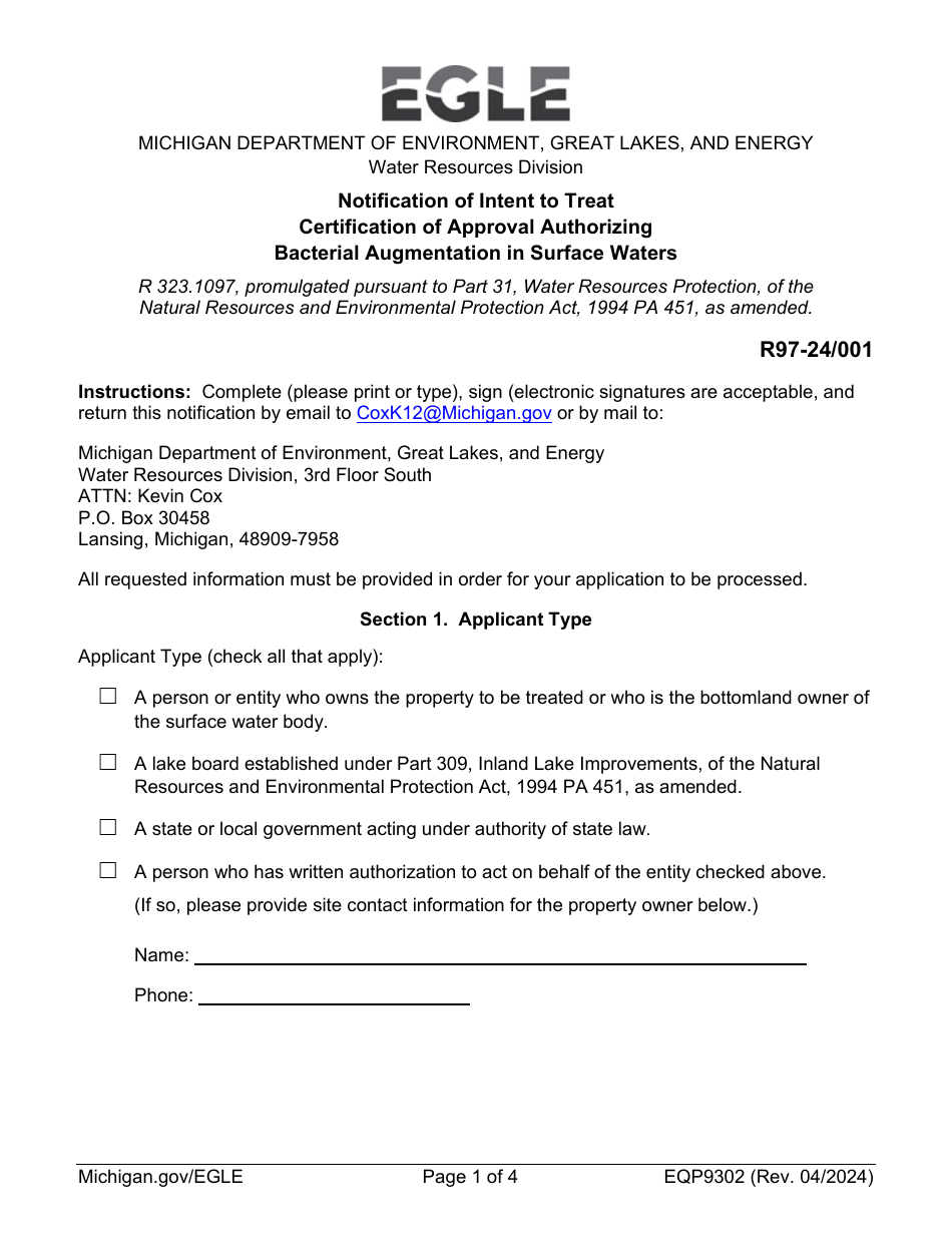 Form EQP9302 Notification of Intent to Treat Certification of Approval Authorizing Bacterial Augmentation in Surface Waters - Michigan, Page 1