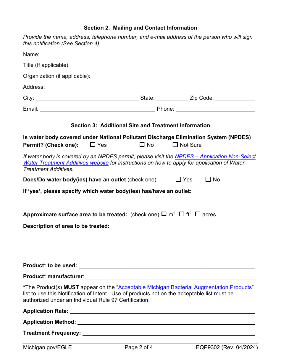Form EQP9302 Notification of Intent to Treat Certification of Approval Authorizing Bacterial Augmentation in Surface Waters - Michigan, Page 2
