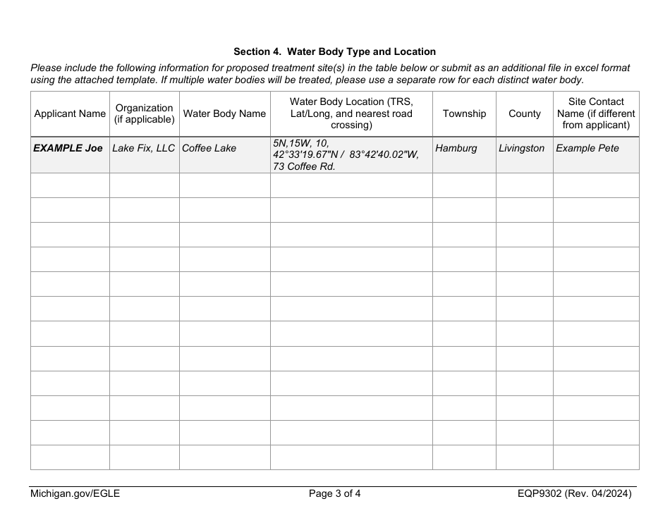 Form EQP9302 Notification of Intent to Treat Certification of Approval Authorizing Bacterial Augmentation in Surface Waters - Michigan, Page 3