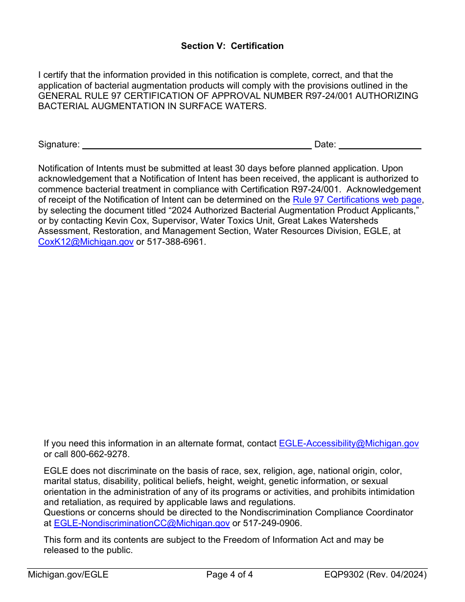 Form EQP9302 Notification of Intent to Treat Certification of Approval Authorizing Bacterial Augmentation in Surface Waters - Michigan, Page 4