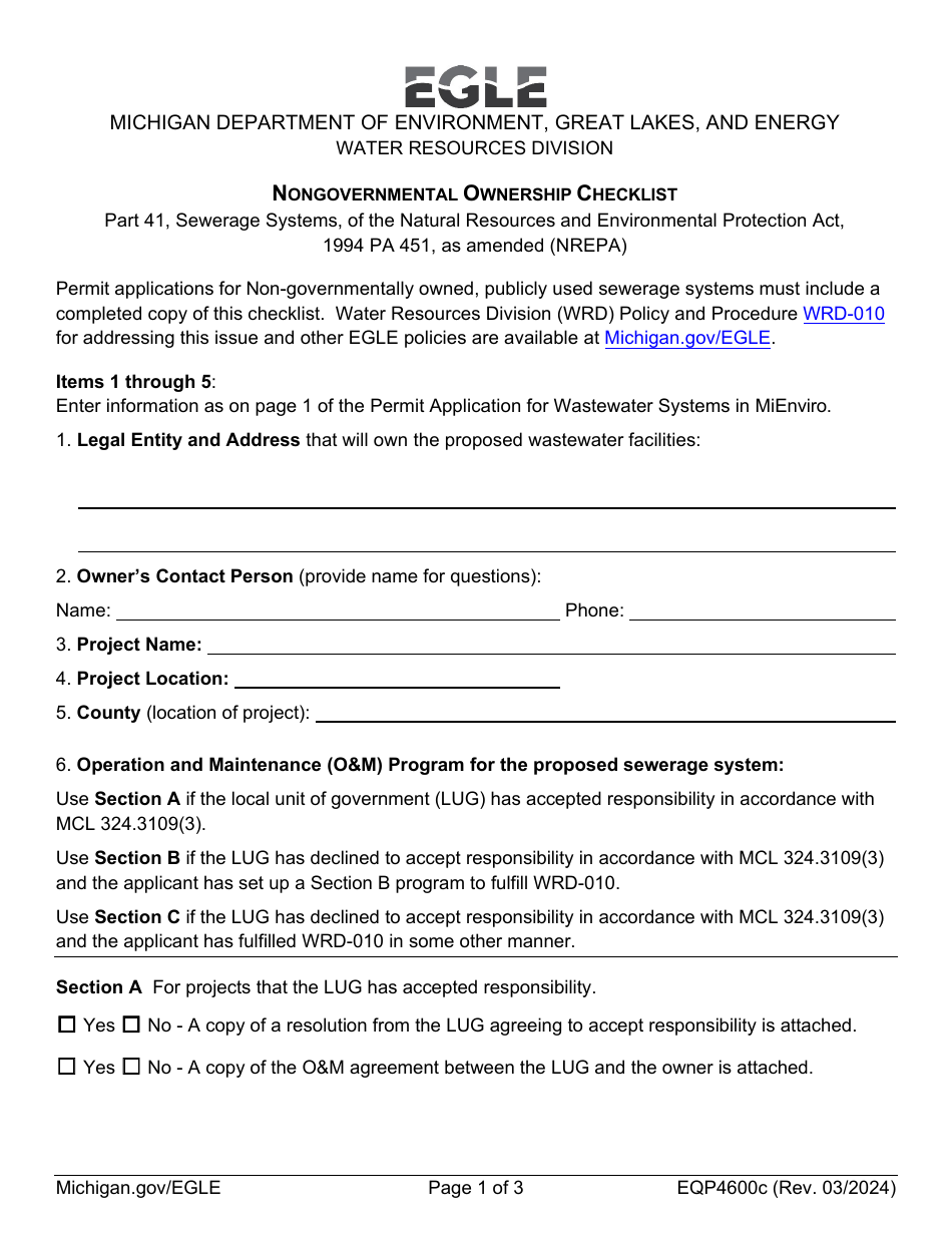 Form EQP4600C Nongovernmental Ownership Checklist - Michigan, Page 1