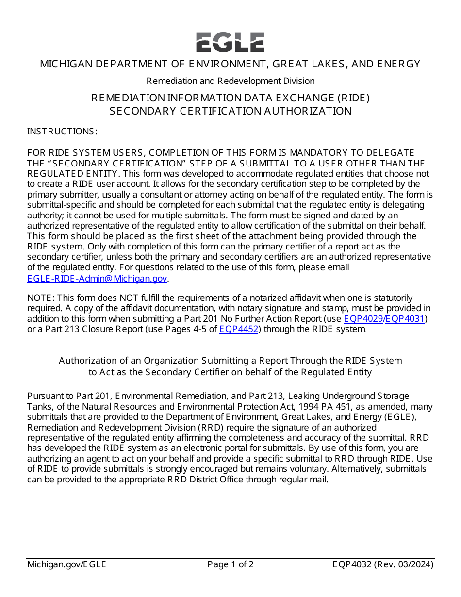 Form EQP4032 Remediation Information Data Exchange (Ride) Secondary Certification Authorization - Michigan, Page 1