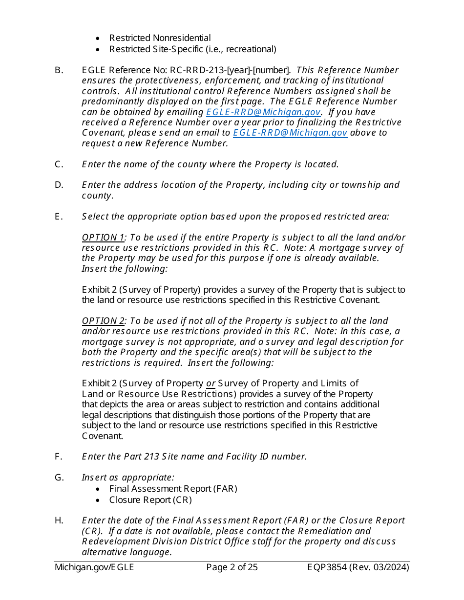 Form EQP3854 Declaration of Restrictive Covenant Part 213 - Michigan, Page 2