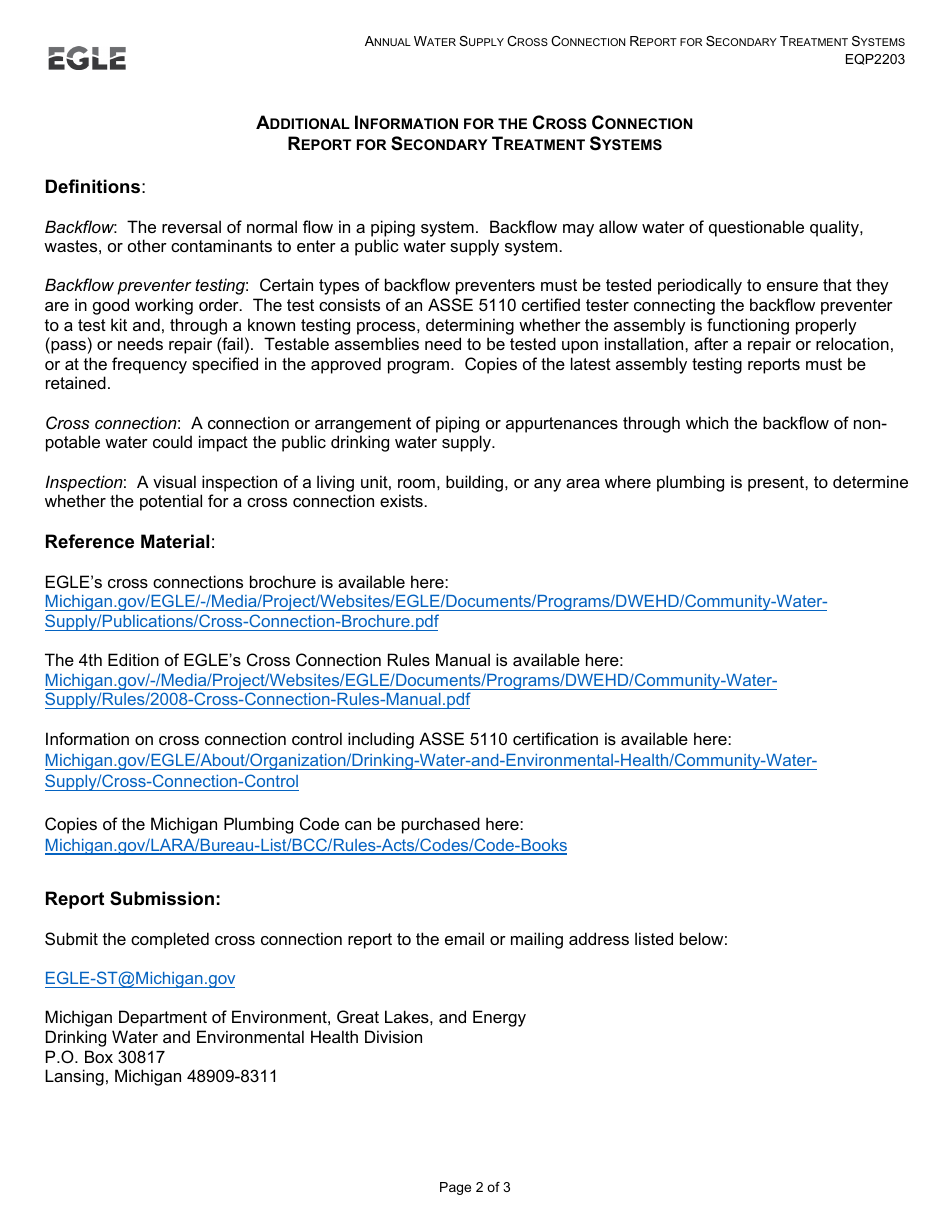 Form EQP2203 Annual Water Supply Cross Connection Report for Secondary Treatment Systems - Michigan, Page 2