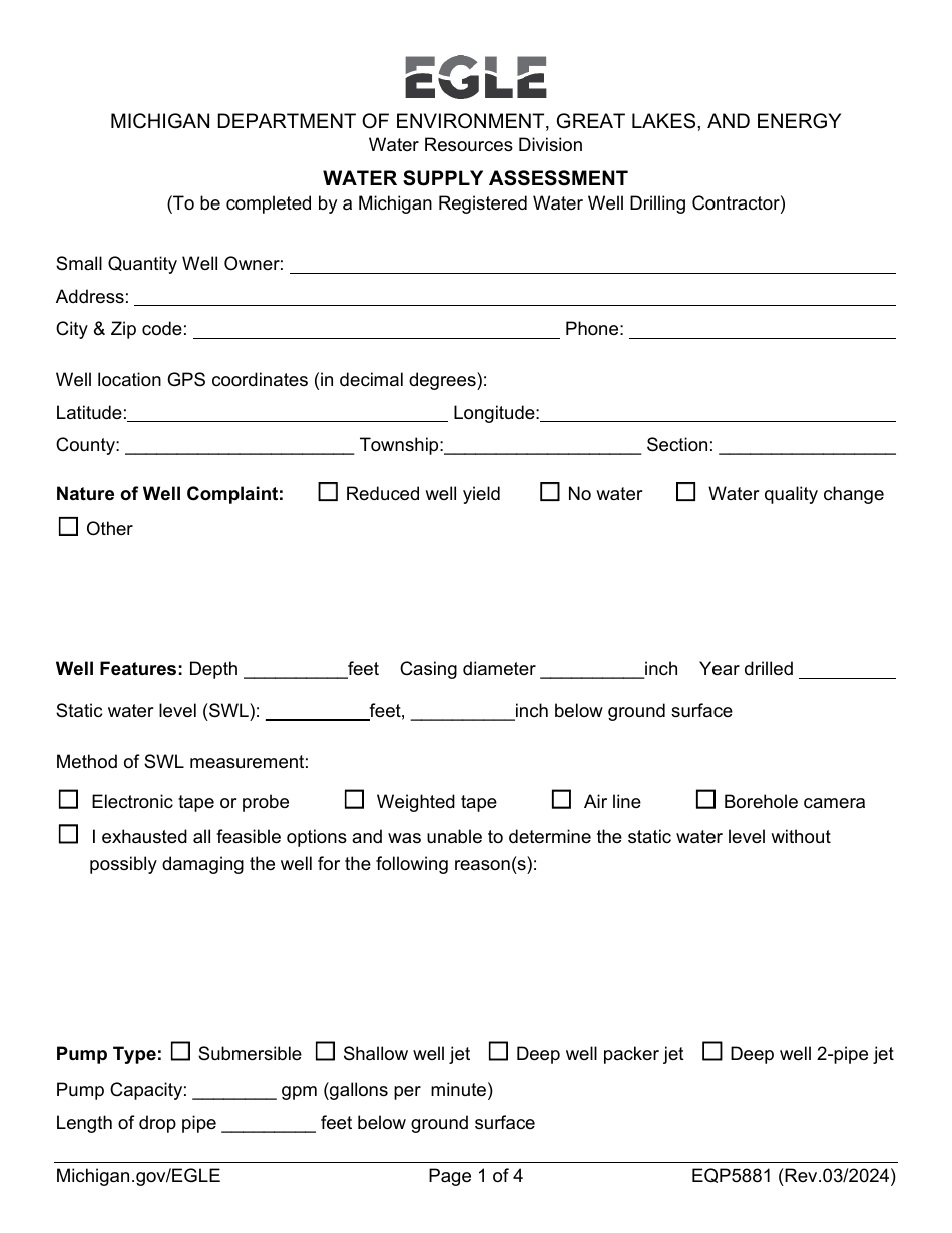 Form EQP5881 Water Supply Assessment - Michigan, Page 1
