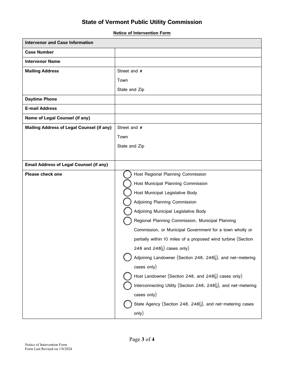 Notice of Intervention Form - Vermont, Page 3