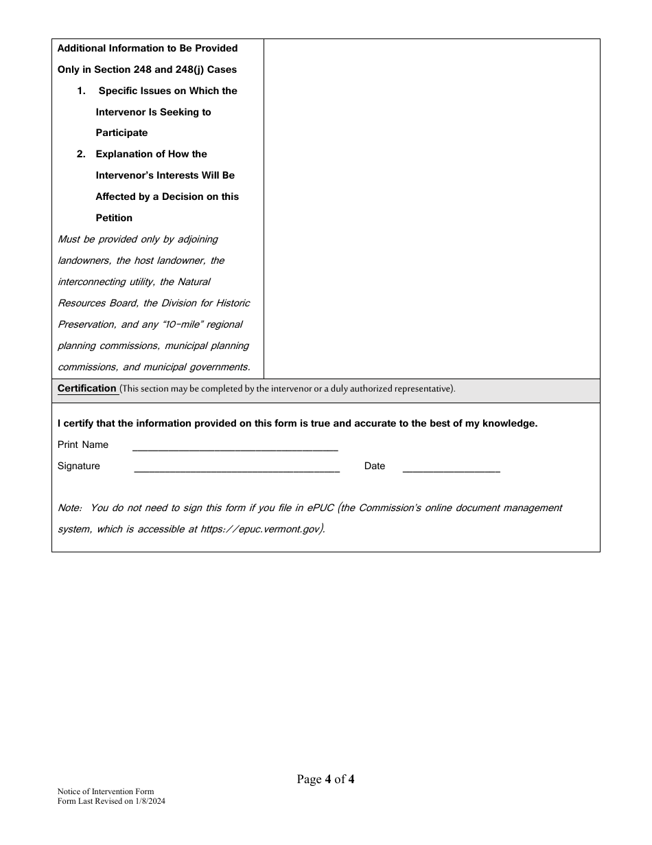 Notice of Intervention Form - Vermont, Page 4