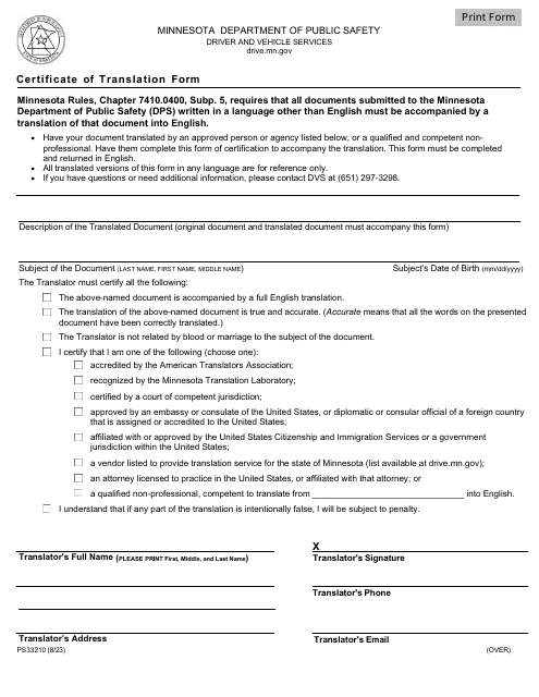 Form PS33210 Certificate of Translation Form - Minnesota