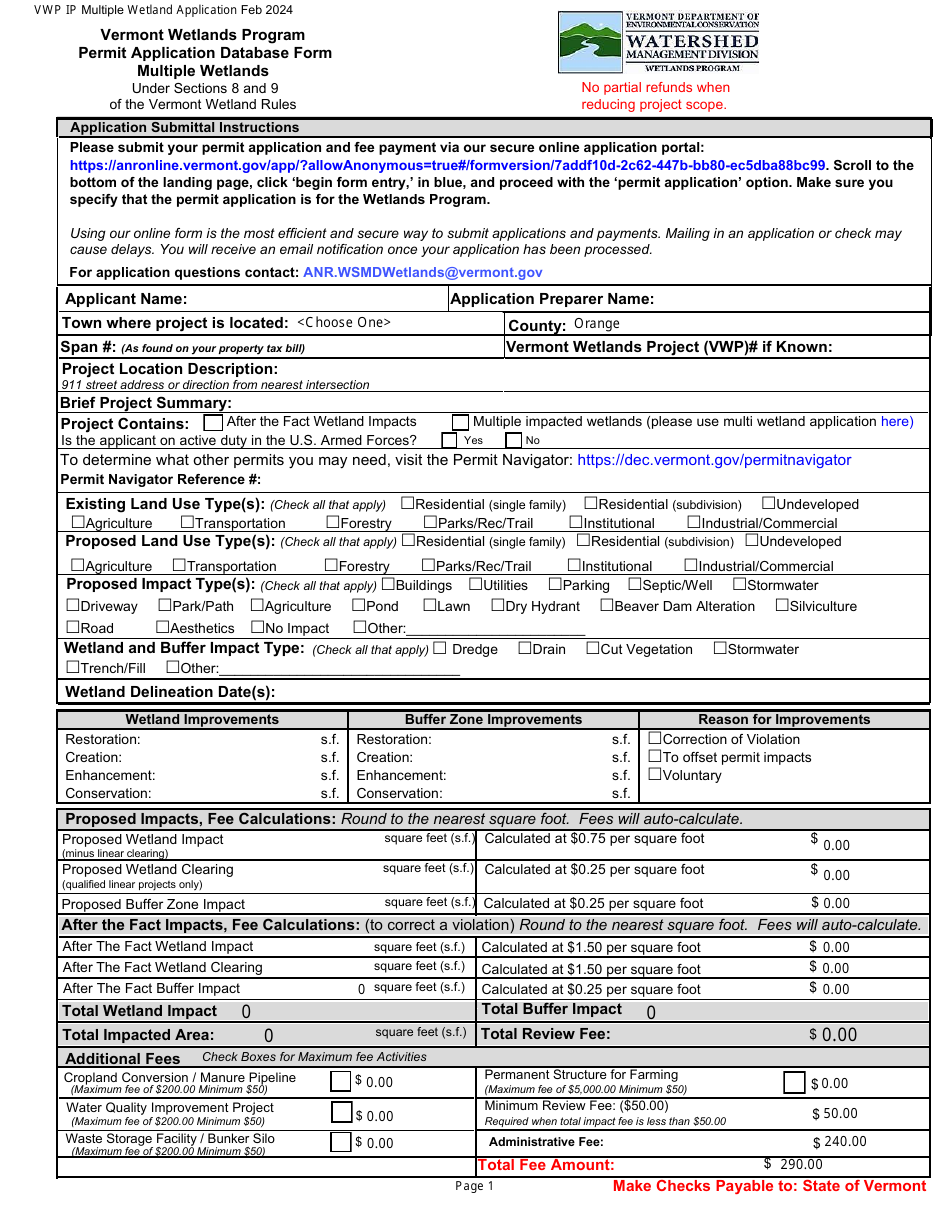 Vermont Wetlands Program Permit Application Database Form - Multiple Wetlands - Vermont, Page 1