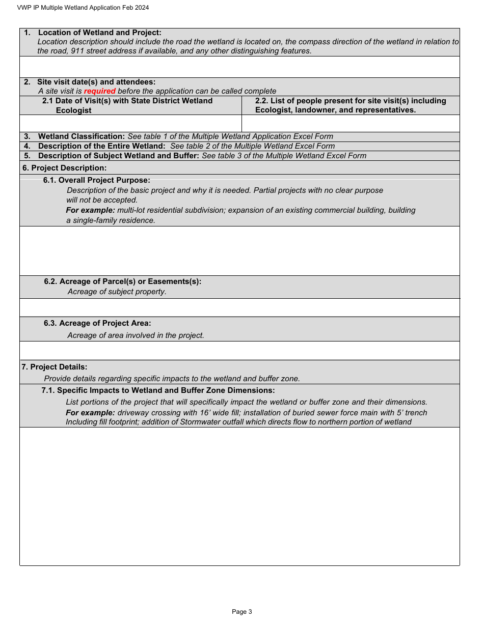 Vermont Wetlands Program Permit Application Database Form - Multiple Wetlands - Vermont, Page 3