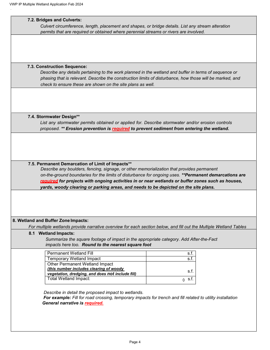 Vermont Wetlands Program Permit Application Database Form - Multiple Wetlands - Vermont, Page 4