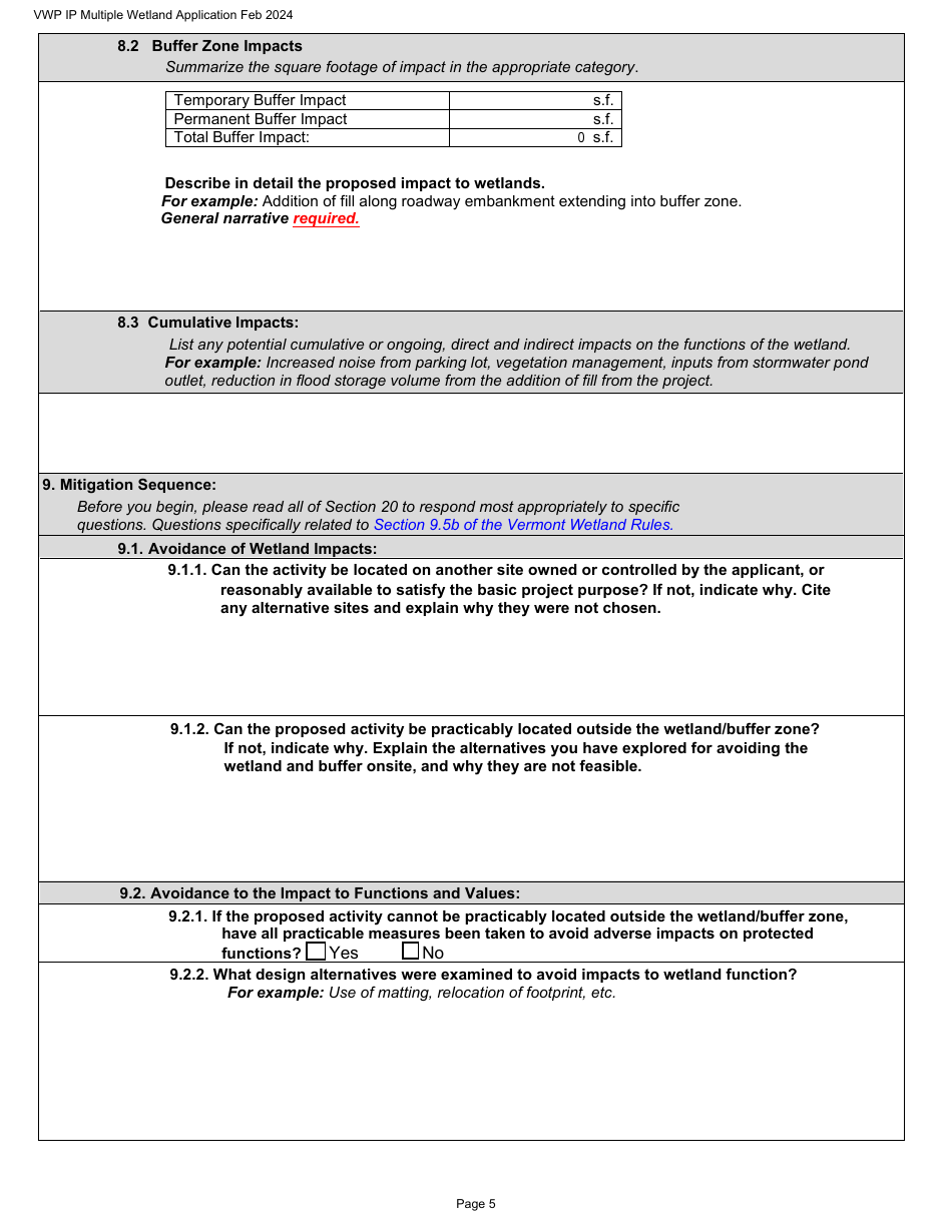 Vermont Wetlands Program Permit Application Database Form - Multiple Wetlands - Vermont, Page 5