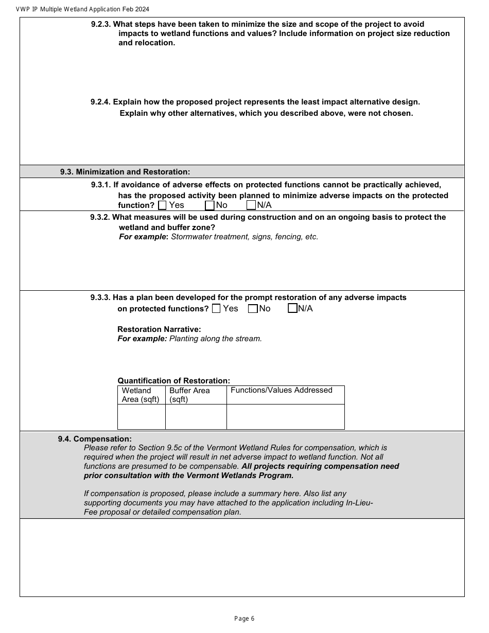 Vermont Wetlands Program Permit Application Database Form - Multiple Wetlands - Vermont, Page 6
