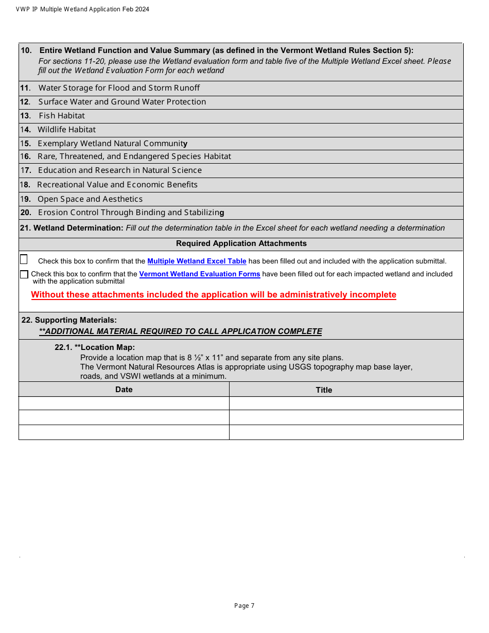 Vermont Wetlands Program Permit Application Database Form - Multiple Wetlands - Vermont, Page 7