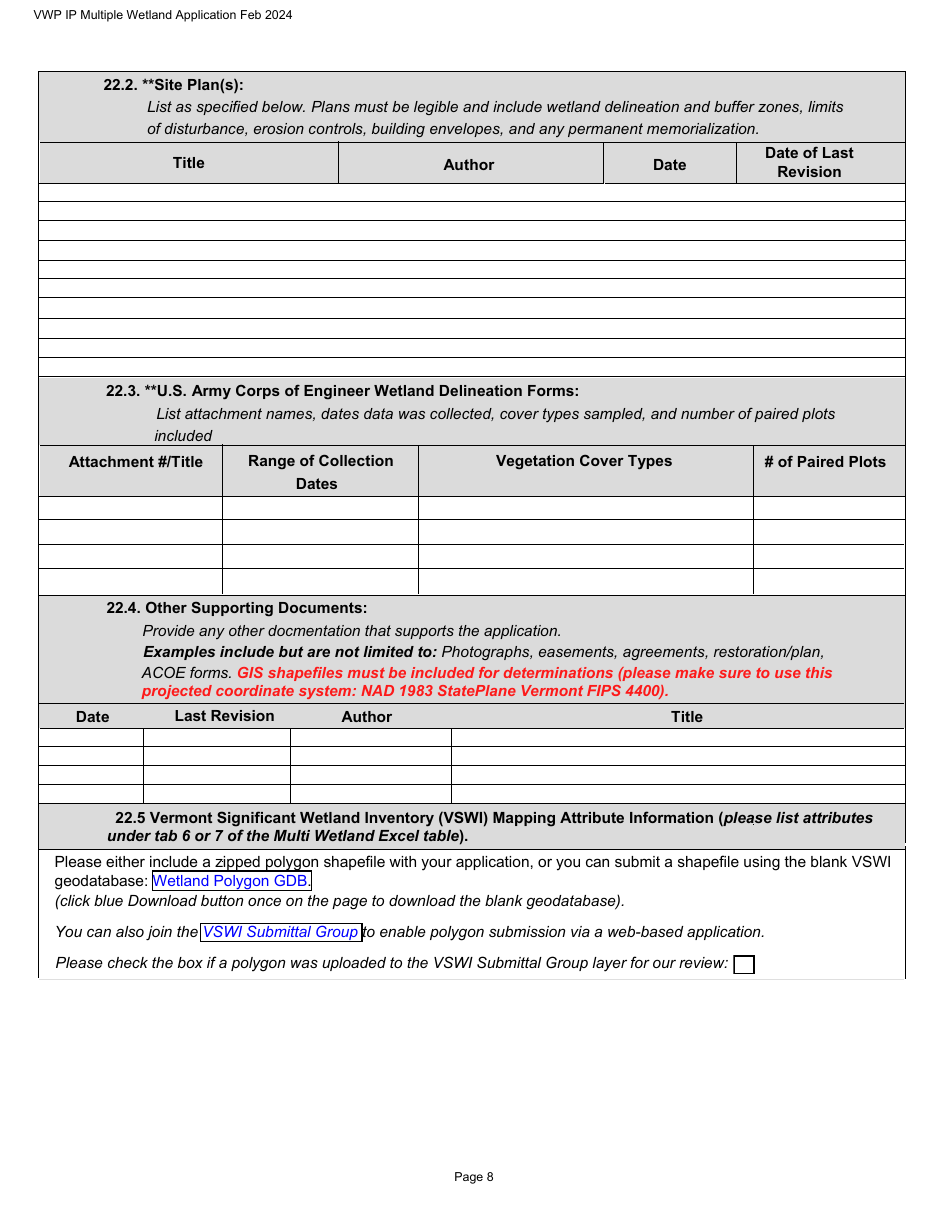 Vermont Wetlands Program Permit Application Database Form - Multiple Wetlands - Vermont, Page 8