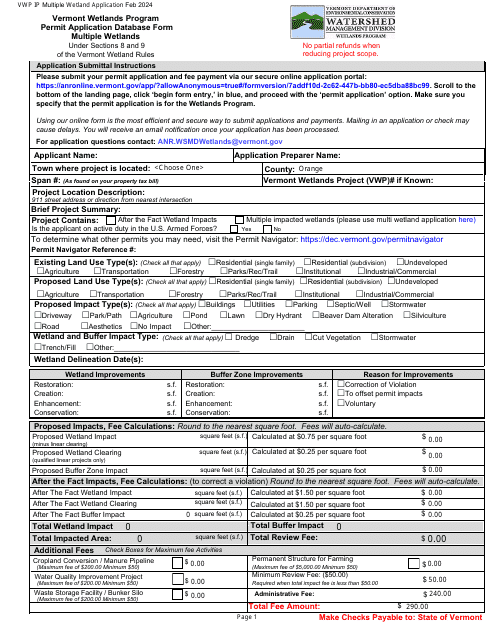 Vermont Wetlands Program Permit Application Database Form - Multiple Wetlands - Vermont