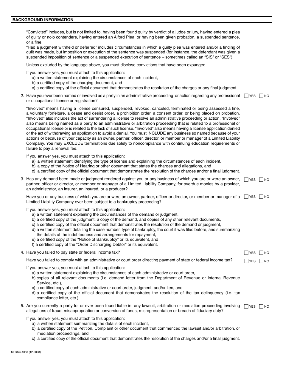 Form MO375-1030 Application for Limited Lines Self-service Storage Insurance Producer License - Missouri, Page 2