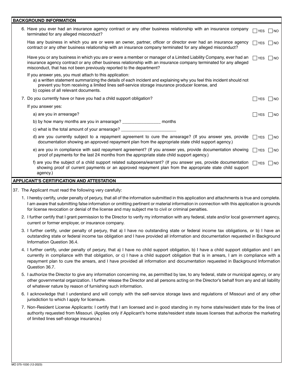 Form MO375-1030 Application for Limited Lines Self-service Storage Insurance Producer License - Missouri, Page 3