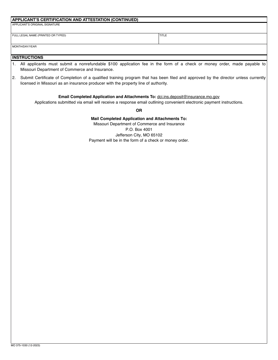 Form MO375-1030 Application for Limited Lines Self-service Storage Insurance Producer License - Missouri, Page 4