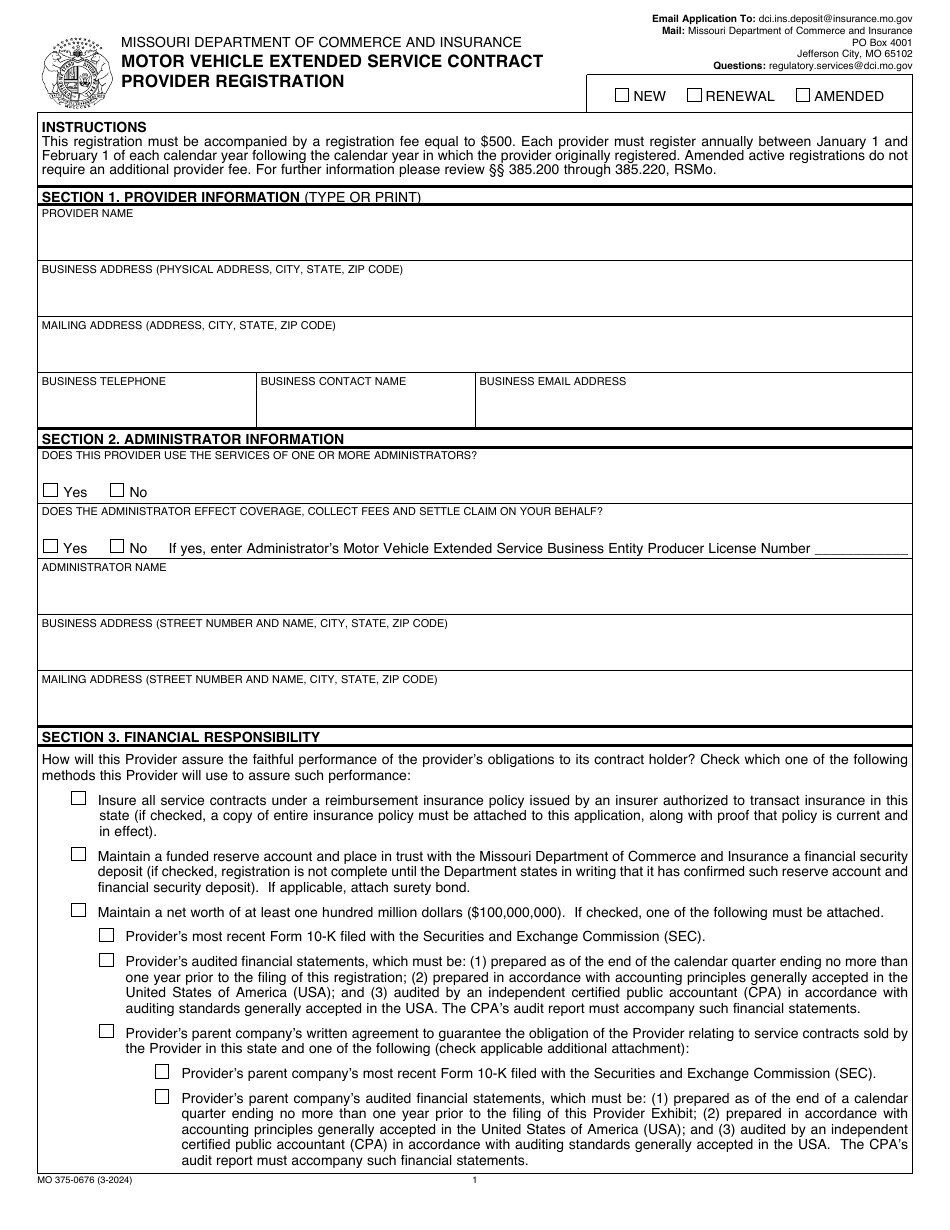 Form MO375-0676 Motor Vehicle Extended Service Contract Provider Registration - Missouri, Page 1