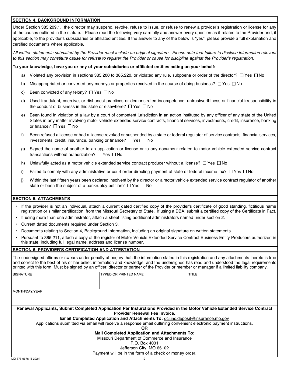 Form MO375-0676 Motor Vehicle Extended Service Contract Provider Registration - Missouri, Page 2