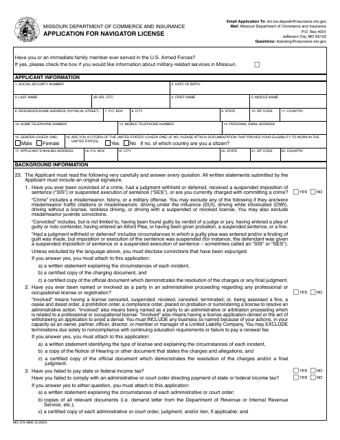 Form MO375-0892 Application for Navigator License - Missouri