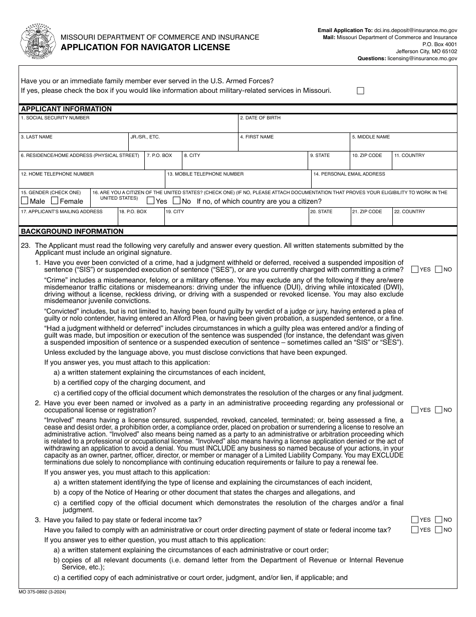 Form MO375-0892 Application for Navigator License - Missouri, Page 1