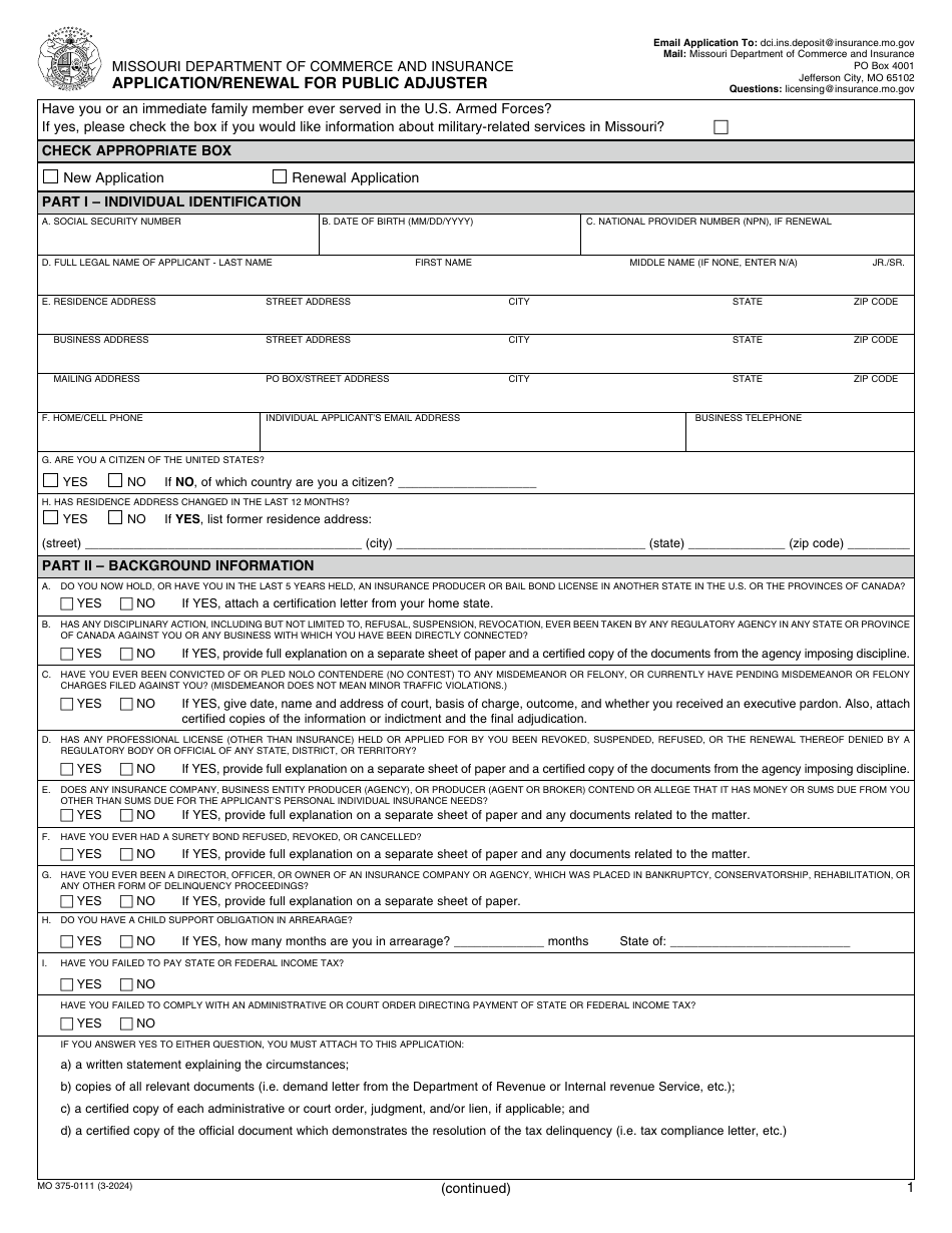 Form MO375-0111 Application / Renewal for Public Adjuster - Missouri, Page 1