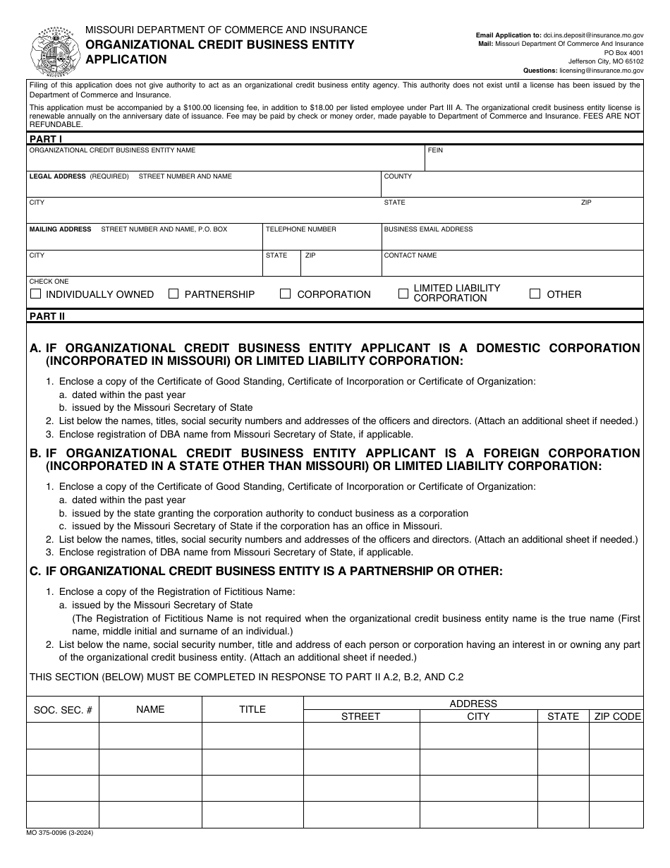 Form MO375-0096 Organizational Credit Business Entity Application - Missouri, Page 1