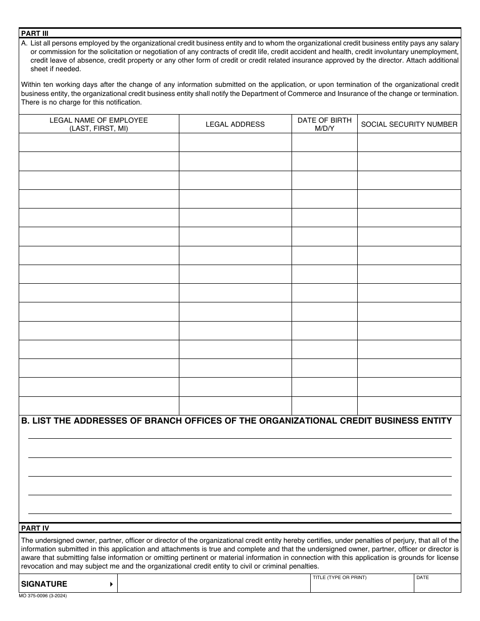 Form MO375-0096 Organizational Credit Business Entity Application - Missouri, Page 2