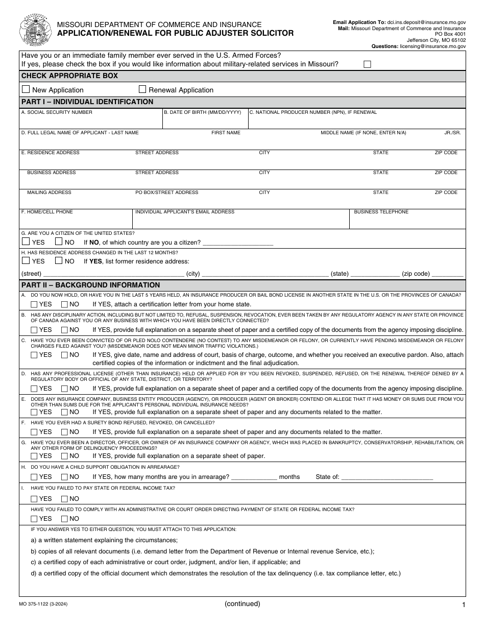 Form MO375-1122 Application / Renewal for Public Adjuster Solicitor - Missouri, Page 1