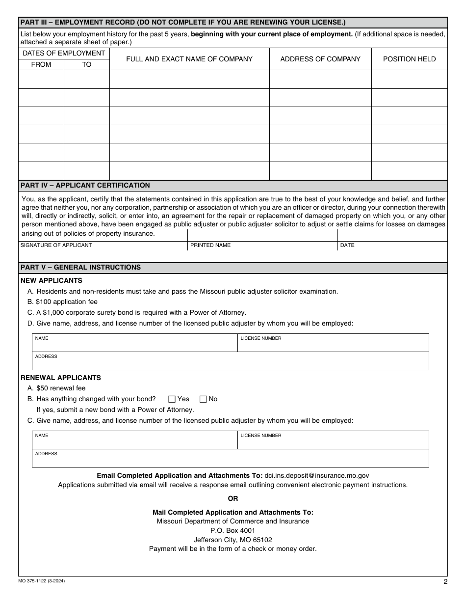 Form MO375-1122 Application / Renewal for Public Adjuster Solicitor - Missouri, Page 2
