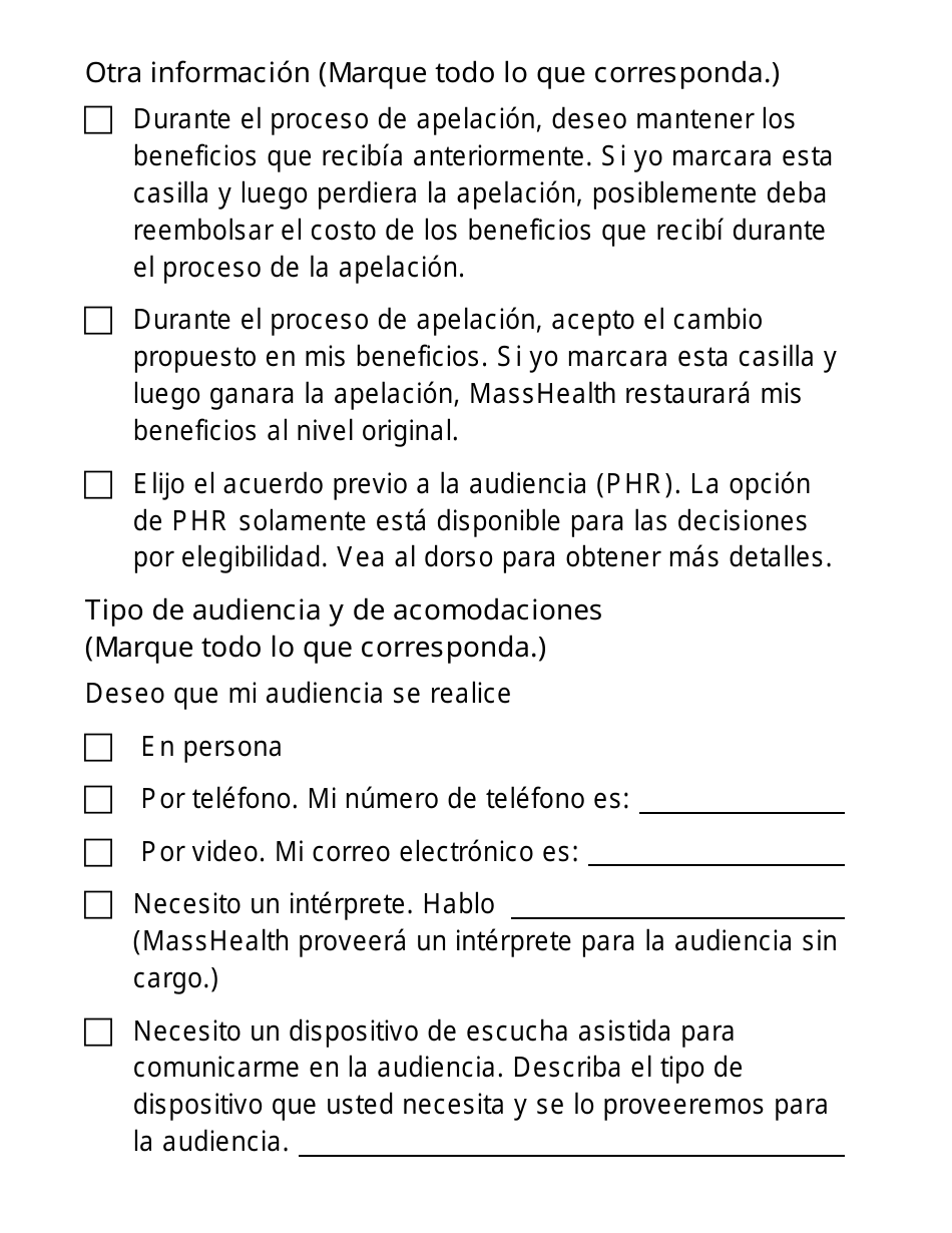 Formulario FHR-1-ES-LP Formulario De Solicitud De Audiencia Imparcial - Letra Grande - Massachusetts (Spanish), Page 2