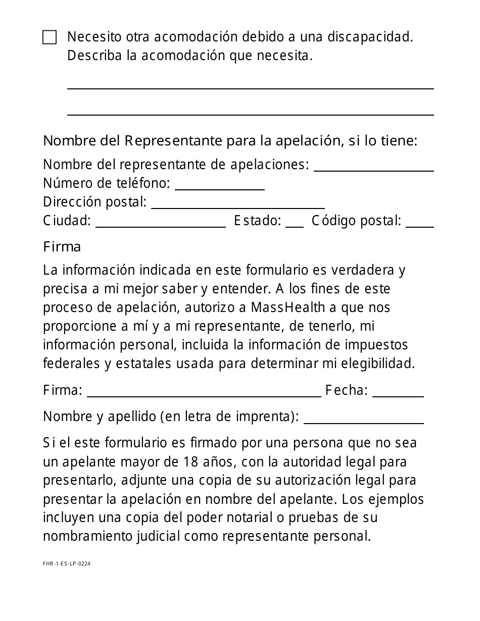 Formulario FHR-1-ES-LP Formulario De Solicitud De Audiencia Imparcial - Letra Grande - Massachusetts (Spanish), Page 3