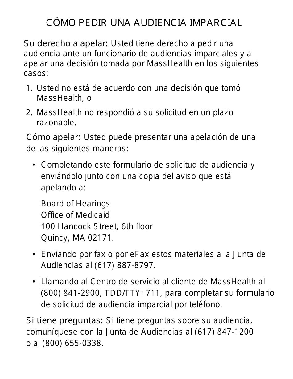 Formulario FHR-1-ES-LP Formulario De Solicitud De Audiencia Imparcial - Letra Grande - Massachusetts (Spanish), Page 4
