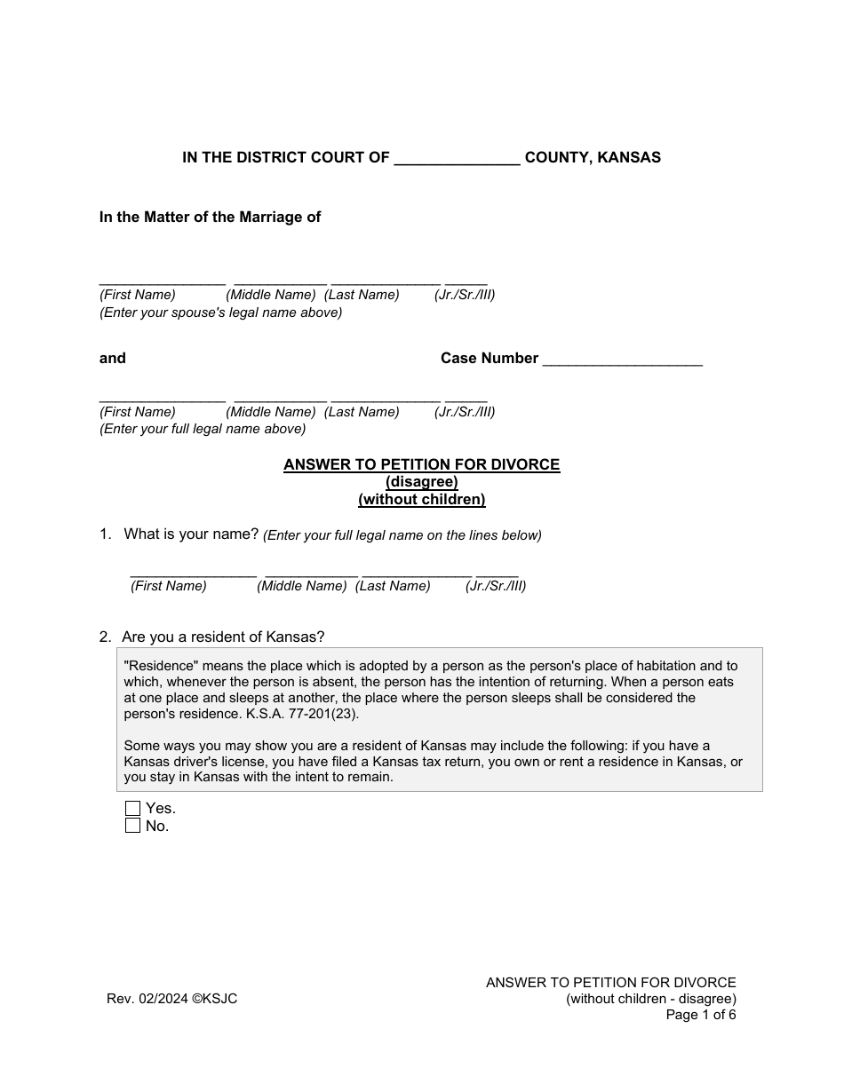 Answer to Petition for Divorce (Disagree) (Without Children) - Kansas, Page 1