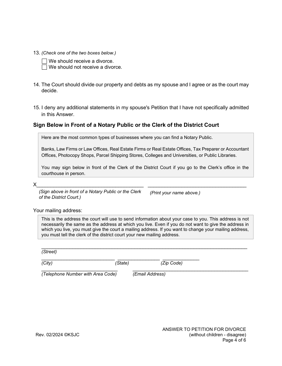 Answer to Petition for Divorce (Disagree) (Without Children) - Kansas, Page 4