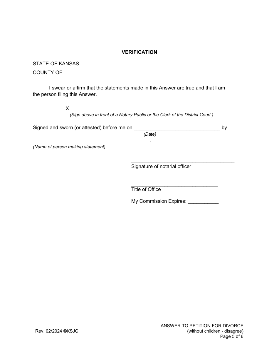 Answer to Petition for Divorce (Disagree) (Without Children) - Kansas, Page 5