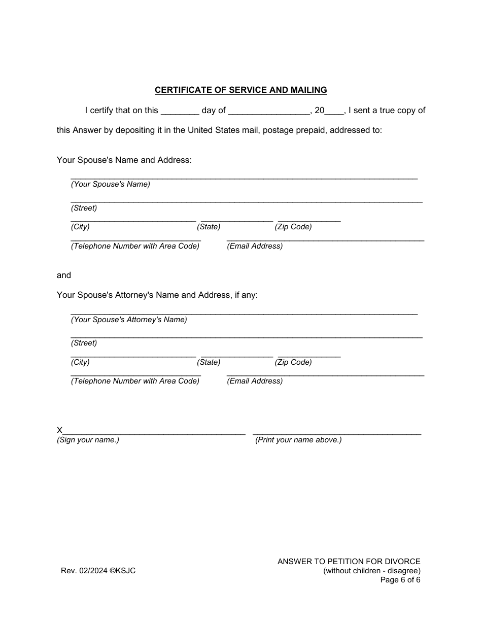 Answer to Petition for Divorce (Disagree) (Without Children) - Kansas, Page 6