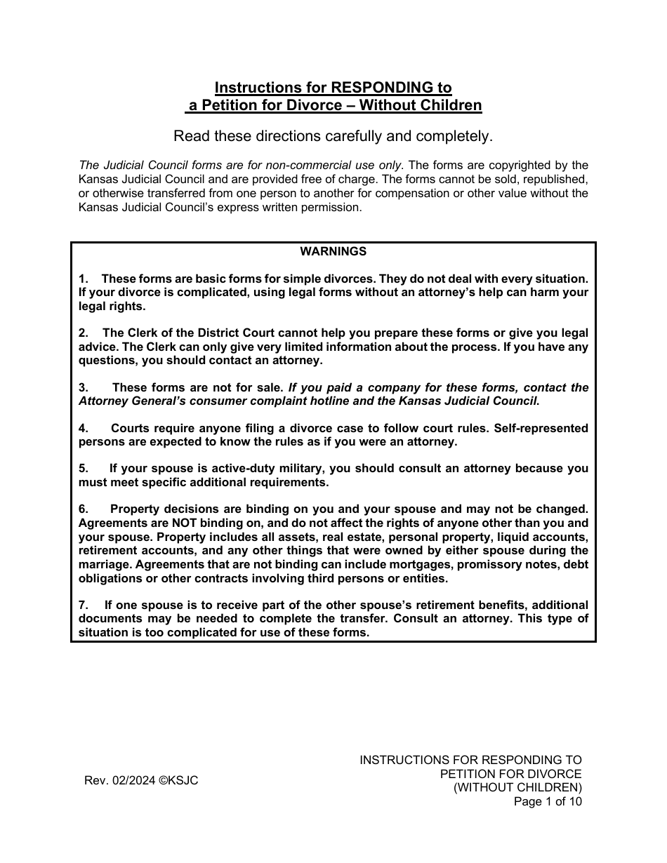 Instructions for Responding to a Petition for Divorce - Without Children - Kansas, Page 1