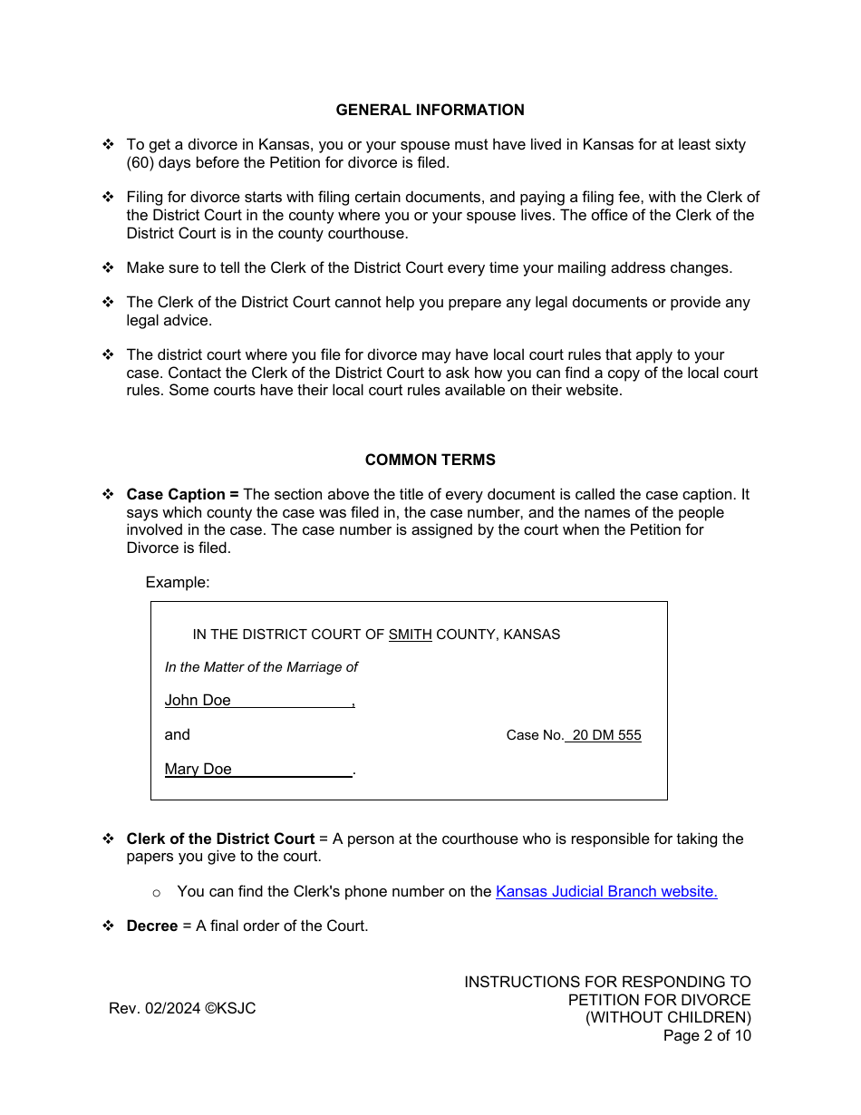 Instructions for Responding to a Petition for Divorce - Without Children - Kansas, Page 2