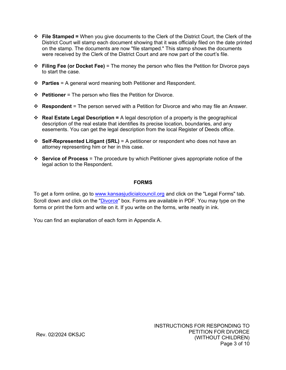 Instructions for Responding to a Petition for Divorce - Without Children - Kansas, Page 3