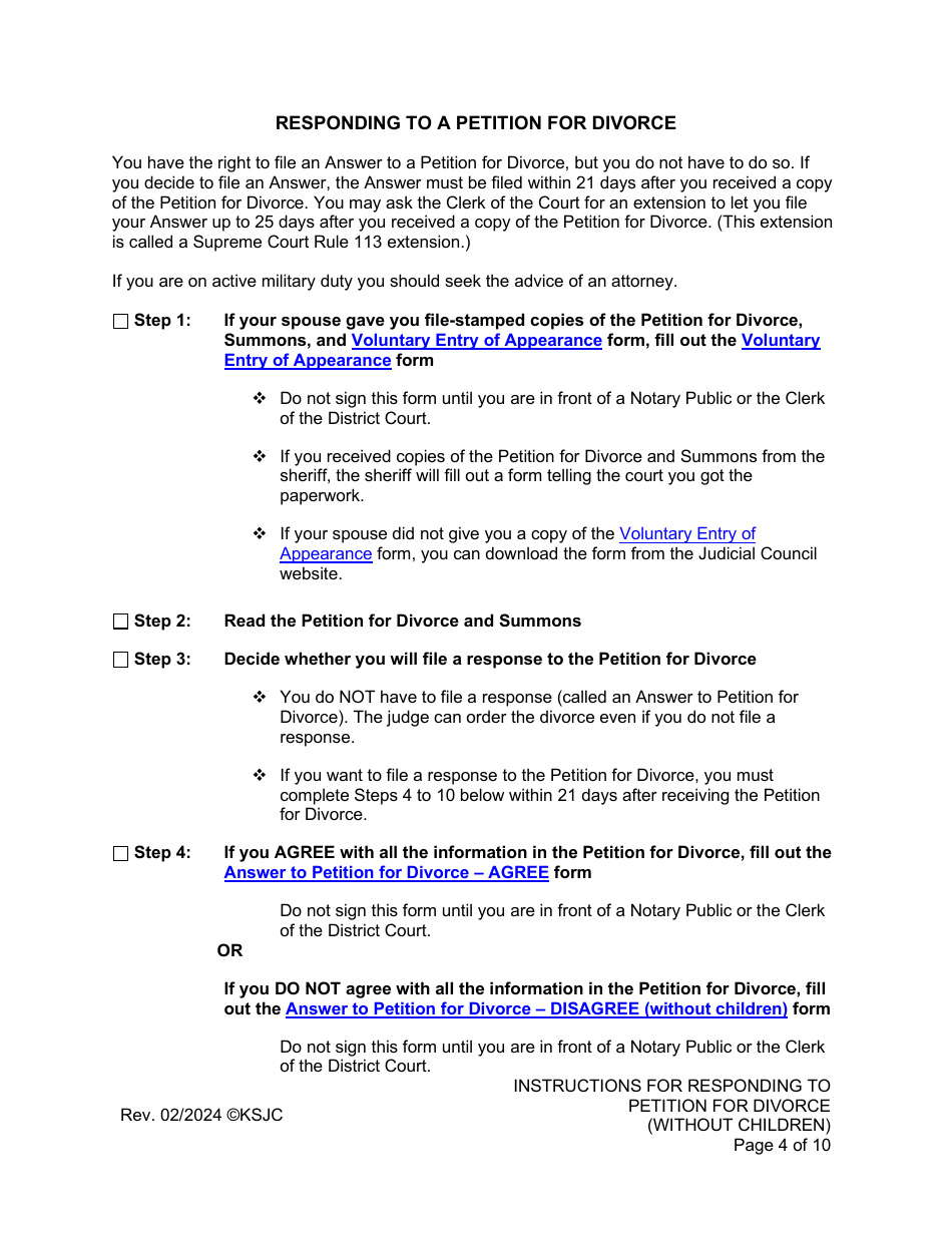 Instructions for Responding to a Petition for Divorce - Without Children - Kansas, Page 4