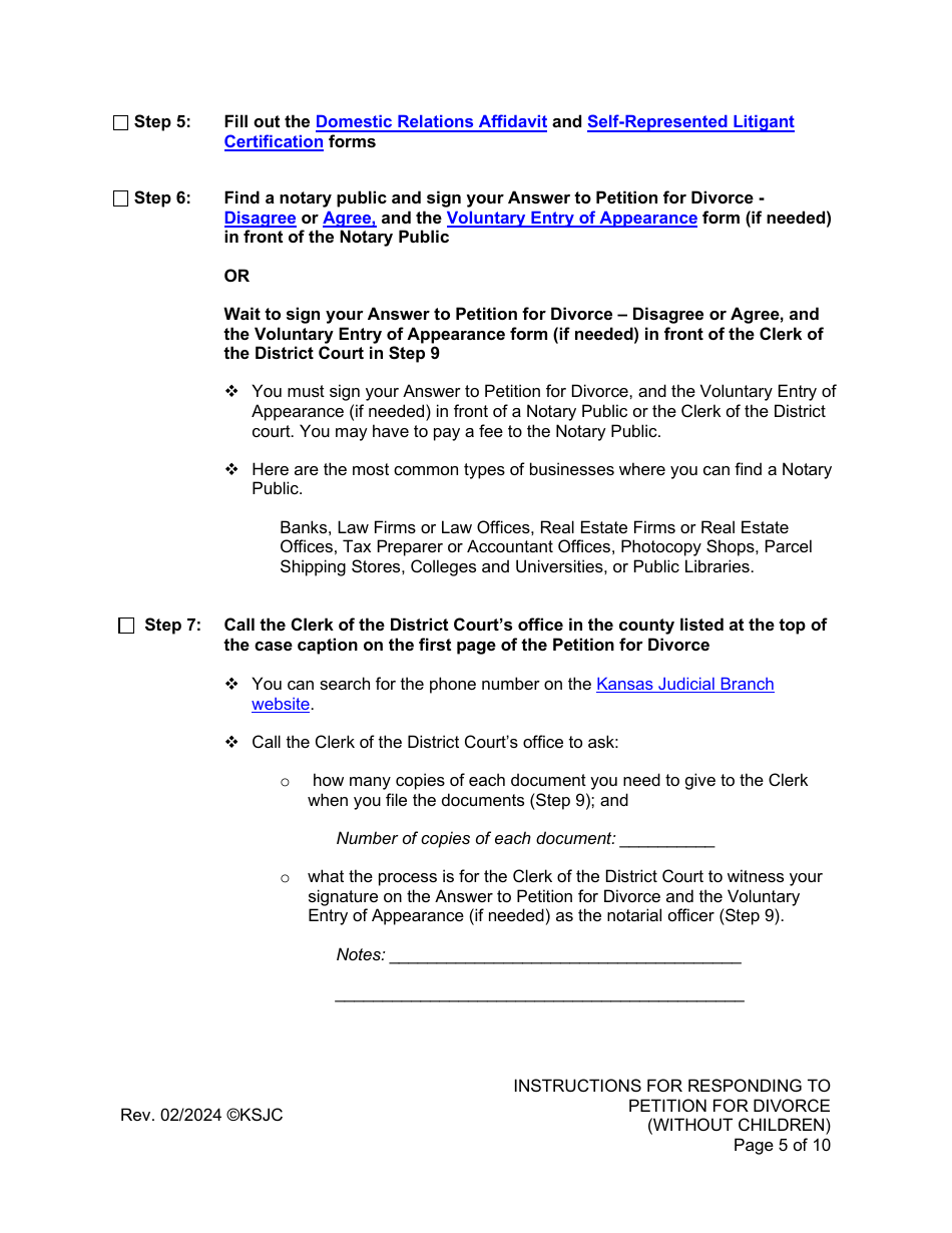 Instructions for Responding to a Petition for Divorce - Without Children - Kansas, Page 5
