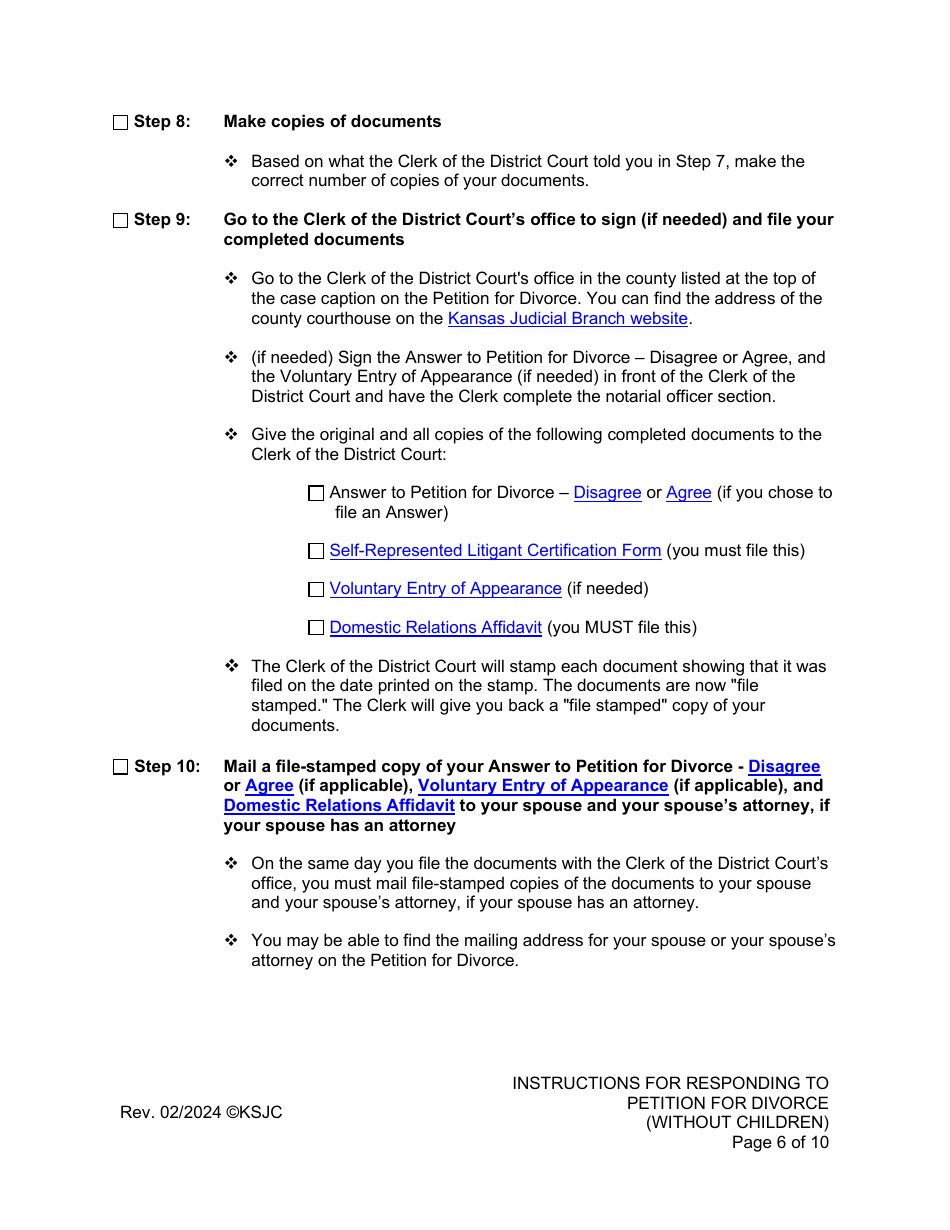 Instructions for Responding to a Petition for Divorce - Without Children - Kansas, Page 6