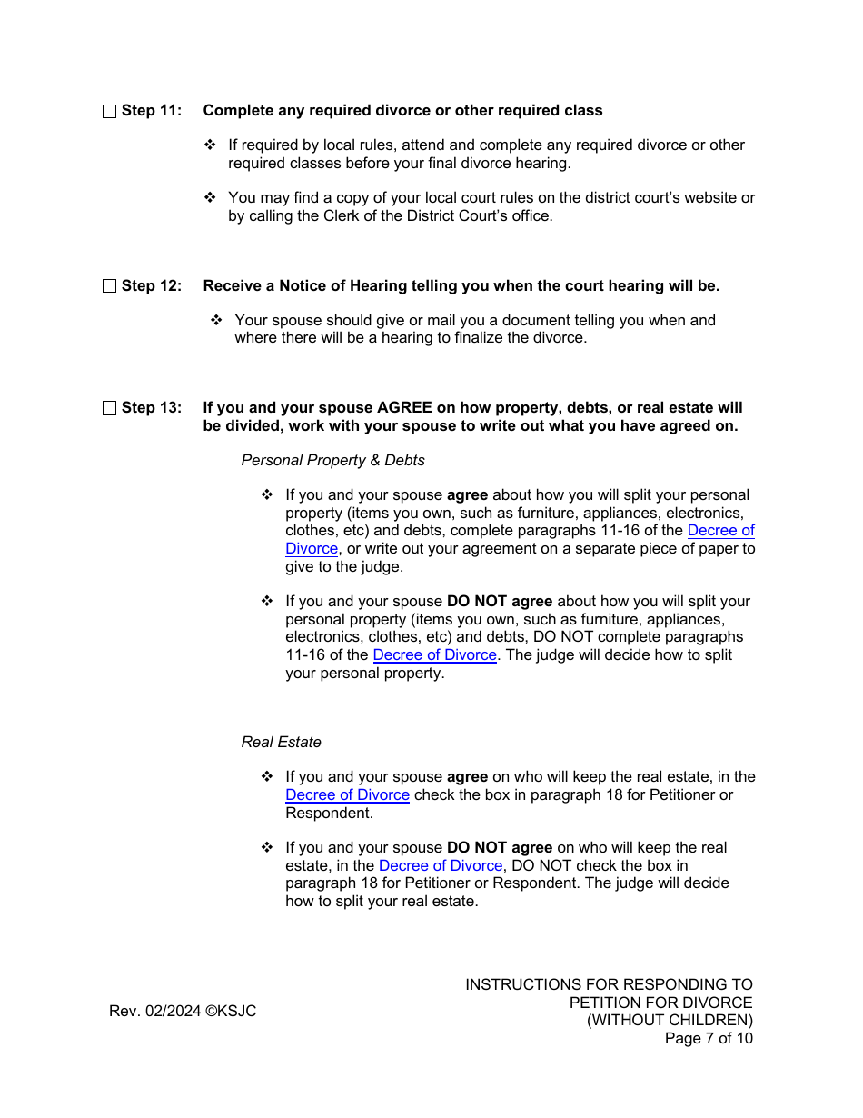 Instructions for Responding to a Petition for Divorce - Without Children - Kansas, Page 7