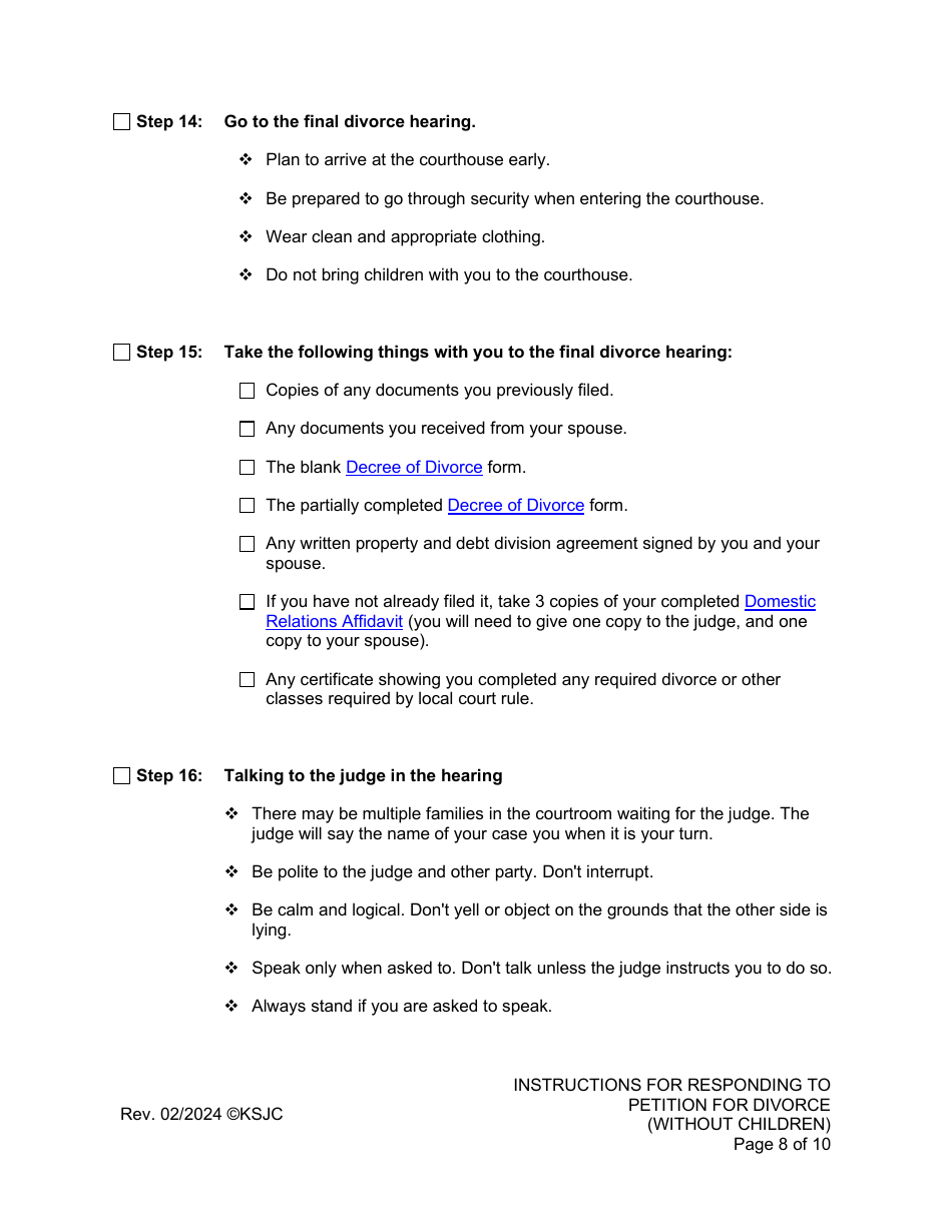 Instructions for Responding to a Petition for Divorce - Without Children - Kansas, Page 8