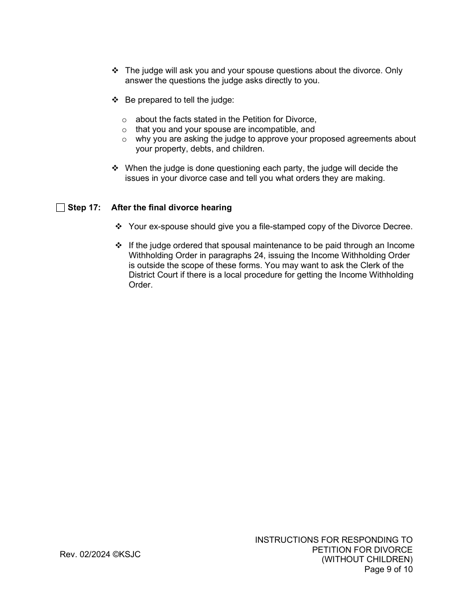 Instructions for Responding to a Petition for Divorce - Without Children - Kansas, Page 9
